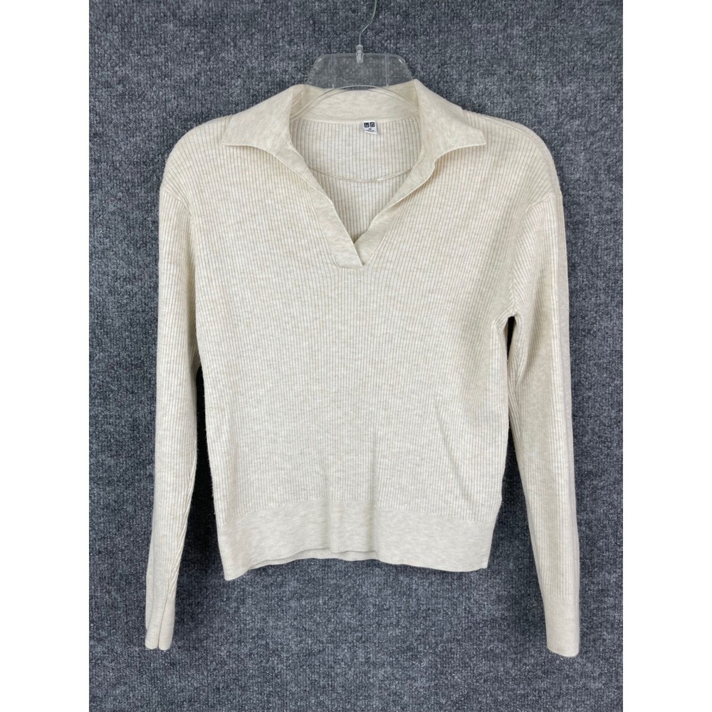 Uniqlo Ribbed Knit Polo Sweater Womens XS Cream Excellent Long Sleeve V-Neck